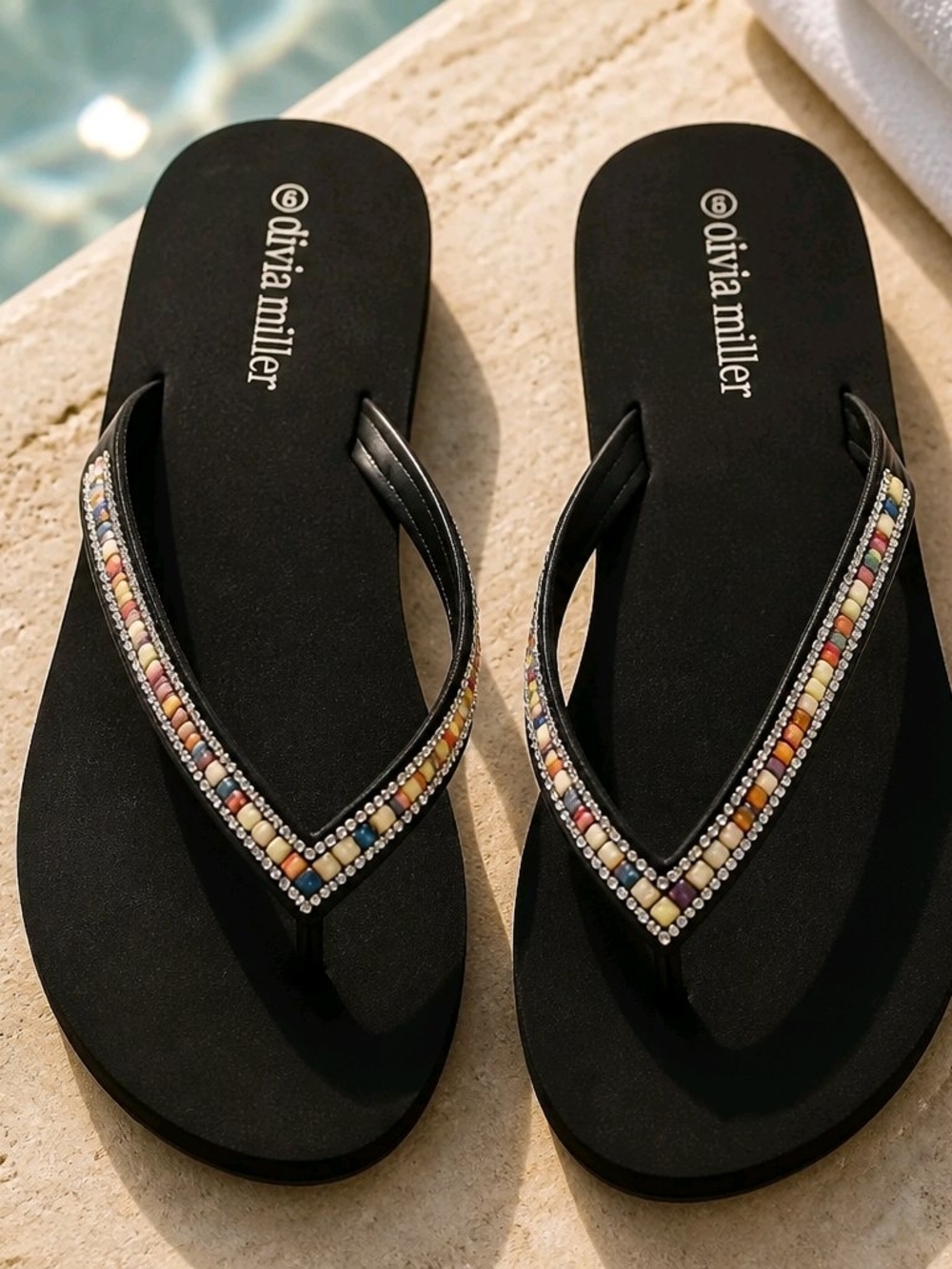 Olivia Miller Women's Size 9 Beaded Thong Flip Flops – Black Sparkle Sandals